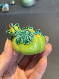 A collection of 12 Chinese famille rose fruit models, including a peach-shaped box and cover, 19th C.