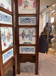 A Chinese four-part folding screen with famille rose plaques, 19th C.