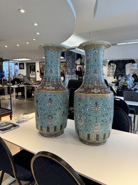 A pair of large Chinese famille rose turquoise-ground 'lotus scroll' vases, Guangxu mark and of the period