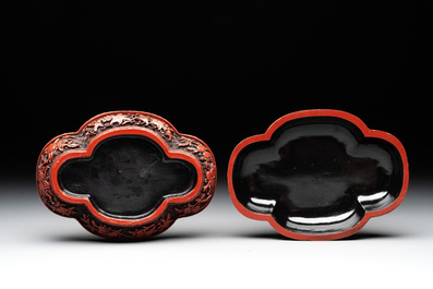 A Chinese cinnabar lacquer quadrifoil covered box and a 'lotus and shou' bowl, 19th C.