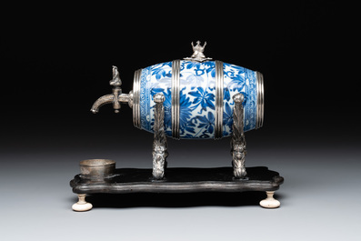 A Dutch silver-mounted Chinese blue and white barrel, silver dated 1857, Kangxi