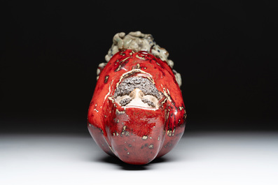 A Chinese Shiwan flamb&eacute;-glazed figure of a Luohan, Deng 邓 seal mark, dated 1927