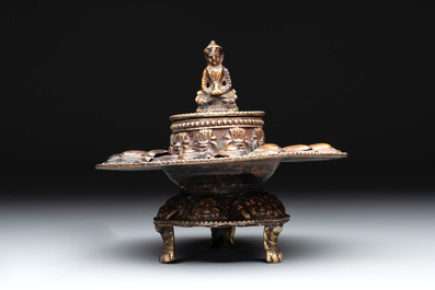 Three Tibetan bronze vajra and a copper incense burner, 18/20th C.