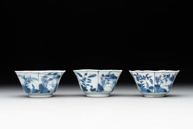 Six Chinese blue and white 'landscapes' cups and saucers, Kangxi