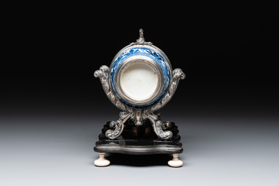 A Dutch silver-mounted Chinese blue and white barrel, silver dated 1857, Kangxi