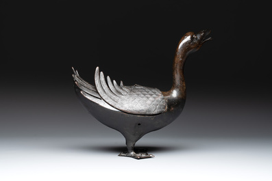 A Chinese bronze duck-form incense burner, Ming