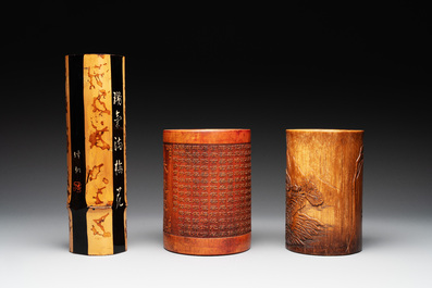 Five Chinese carved bamboo brush pots, 19/20th C.