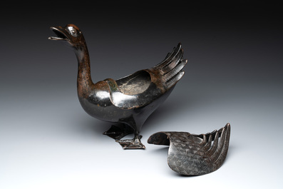 A Chinese bronze duck-form incense burner, Ming