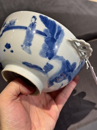 A Chinese blue and white 'Long Elizas and playing boys' covered bowl, Chenghua mark, Kangxi