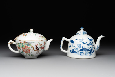 Two Chinese blue, white and famille rose 'birds and flowers' teapots and a cup, Chenghua and Tongzhi marks, 19th C.