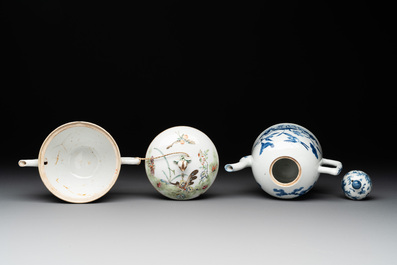Two Chinese blue, white and famille rose 'birds and flowers' teapots and a cup, Chenghua and Tongzhi marks, 19th C.