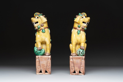 A pair of Chinese sancai-glazed rooftiles, a pair of Buddhist lions and a warrior, Ming and later