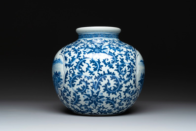 A Chinese blue and white globular 'landscape' vase, 19th C.