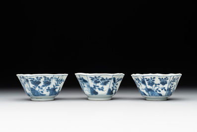 Six Chinese blue and white 'landscapes' cups and saucers, Kangxi