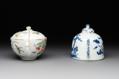 Two Chinese blue, white and famille rose 'birds and flowers' teapots and a cup, Chenghua and Tongzhi marks, 19th C.