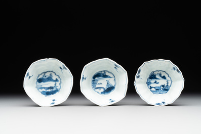 Six Chinese blue and white 'landscapes' cups and saucers, Kangxi