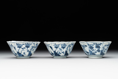 Six Chinese blue and white 'landscapes' cups and saucers, Kangxi