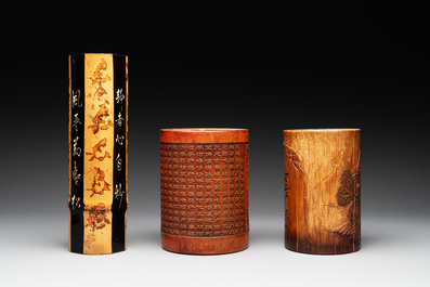 Five Chinese carved bamboo brush pots, 19/20th C.