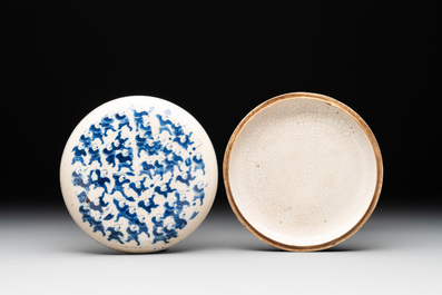 A pair of Chinese blue and white soft paste '100 boys' covered jarlets and a seal paste box, Kangxi mark, 19th C.