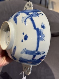 A Chinese blue and white 'Long Elizas and playing boys' covered bowl, Chenghua mark, Kangxi