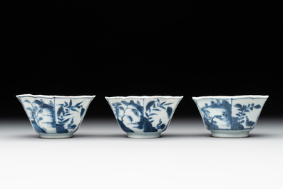 Six Chinese blue and white 'landscapes' cups and saucers, Kangxi
