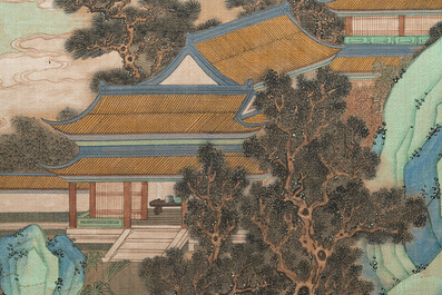 After Qiu Ying 仇英 (1494-1552): 'Mountainous landscape', ink and colour on silk, 19/20th C.