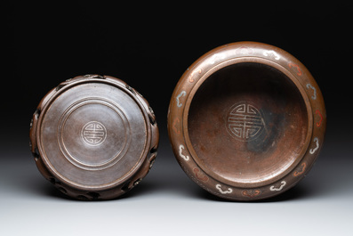 A Vietnamese bronze brush washer on stand and a Chinese bronze warrior on horseback, 19th C.