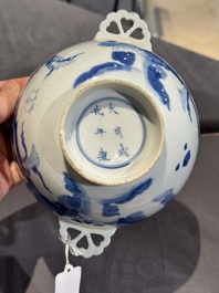 A Chinese blue and white 'Long Elizas and playing boys' covered bowl, Chenghua mark, Kangxi