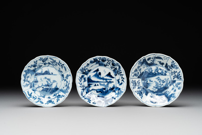 Six Chinese blue and white 'landscapes' cups and saucers, Kangxi