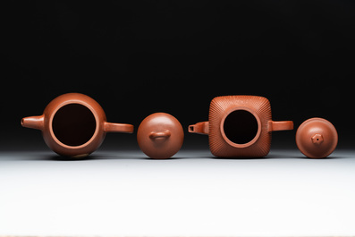 Three Chinese Yixing stoneware teapots, Gu Jingzhou 顧景舟, Yu Guoliang 俞國良 and Cui Zhu Xuan 翠竹軒 seal marks, 20th C.