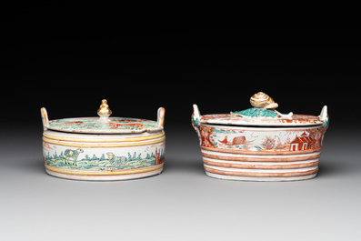 Two polychrome Dutch Delft petit feu butter tubs, 18th C.