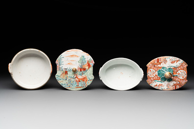 Two polychrome Dutch Delft petit feu butter tubs, 18th C.