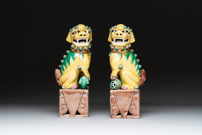 A pair of Chinese sancai-glazed rooftiles, a pair of Buddhist lions and a warrior, Ming and later