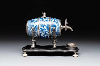 A Dutch silver-mounted Chinese blue and white barrel, silver dated 1857, Kangxi