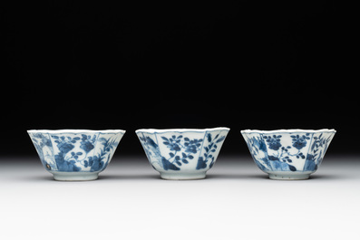 Six Chinese blue and white 'landscapes' cups and saucers, Kangxi