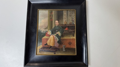Canton school, workshop of Lamqua: 'Portrait of a Pipe Smoker', oil on canvas, 19th C.