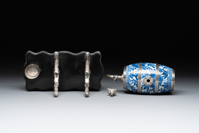 A Dutch silver-mounted Chinese blue and white barrel, silver dated 1857, Kangxi