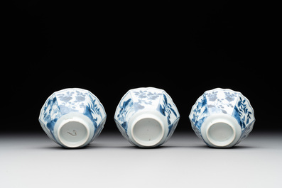 Six Chinese blue and white 'landscapes' cups and saucers, Kangxi