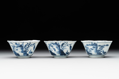 Six Chinese blue and white 'landscapes' cups and saucers, Kangxi