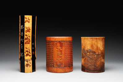 Five Chinese carved bamboo brush pots, 19/20th C.