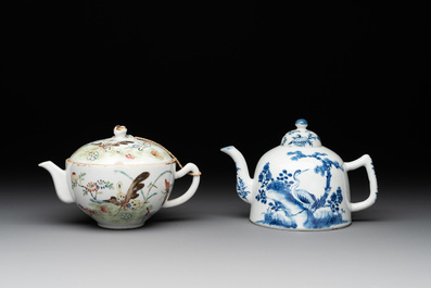 Two Chinese blue, white and famille rose 'birds and flowers' teapots and a cup, Chenghua and Tongzhi marks, 19th C.