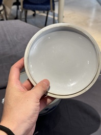 A Chinese blue and white 'Long Elizas and playing boys' covered bowl, Chenghua mark, Kangxi