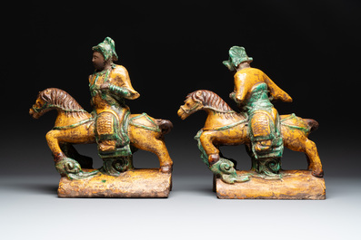 A pair of Chinese sancai-glazed rooftiles, a pair of Buddhist lions and a warrior, Ming and later