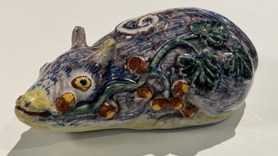 A polychrome Dutch Delft model of a squirrel, 18th C.