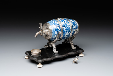 A Dutch silver-mounted Chinese blue and white barrel, silver dated 1857, Kangxi