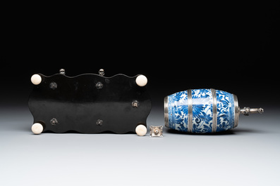 A Dutch silver-mounted Chinese blue and white barrel, silver dated 1857, Kangxi