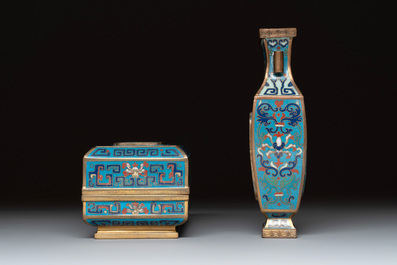 A Chinese cloisonn&eacute; covered censer, a vase with incense tools and a covered box with Arabic inscriptions, Republic