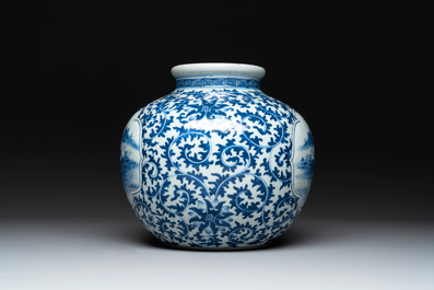 A Chinese blue and white globular 'landscape' vase, 19th C.