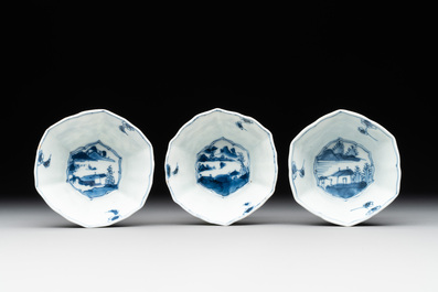 Six Chinese blue and white 'landscapes' cups and saucers, Kangxi