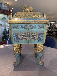 An exceptional Chinese cloisonn&eacute; &lsquo;Taotie&rsquo; censer and cover, 'fang ding 方鼎', Qianlong
